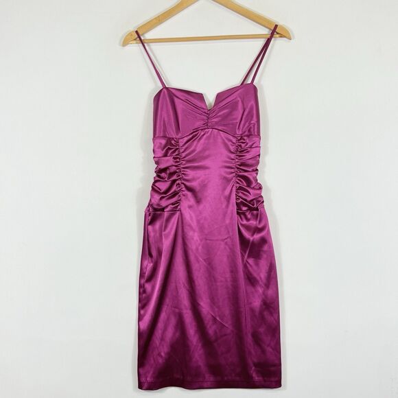 B. Smart Womens 5 6 Y2K Bright‎ Pink Satin Sleeveless Cocktail Ruched Mini Dress - Picture 2 of 7